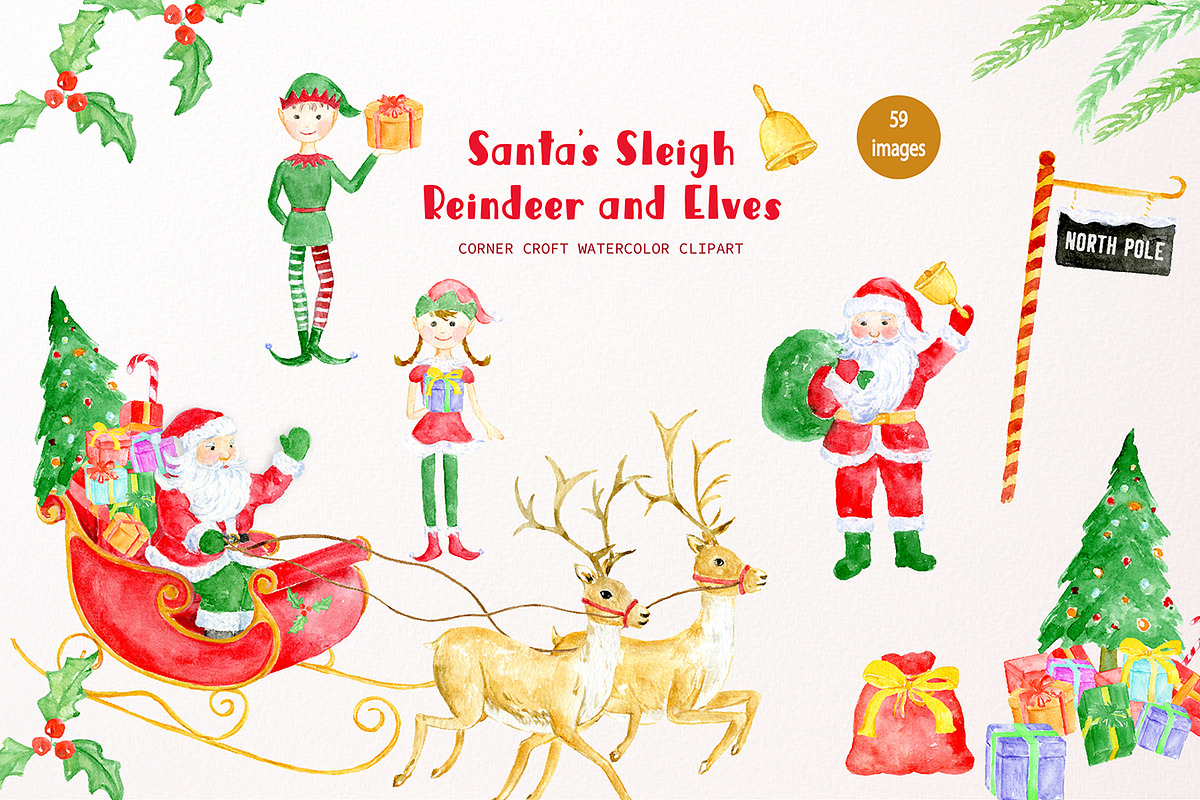 Santa's Sleigh Reindeer and Elf, an Illustration by Corner Croft (Photo 1 of 9)