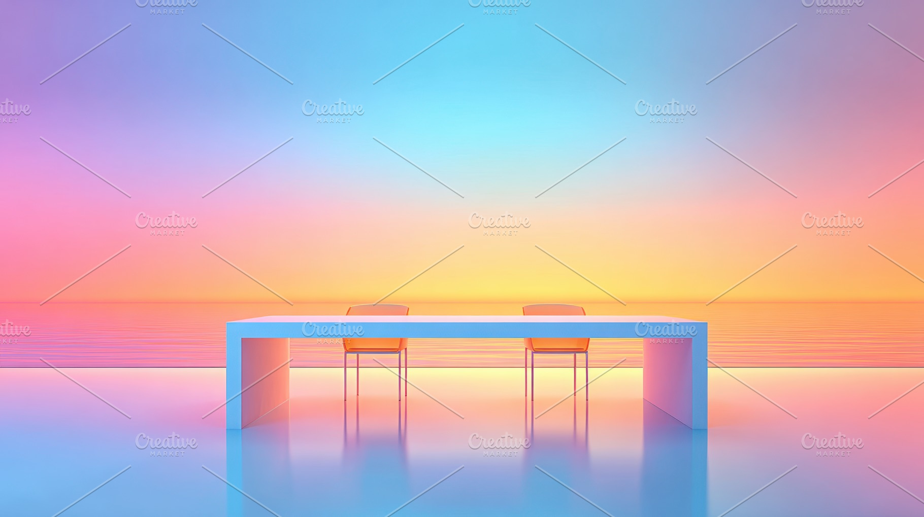 Minimalist table and chairs at sunset over water, a Business Photo by AlyaAnd