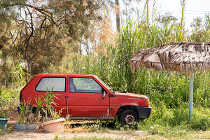 Old abandoned car in overgrown yard, a Transportation Photo by BOOCYS