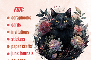 Watercolor Fantasy Black Cat Clipart