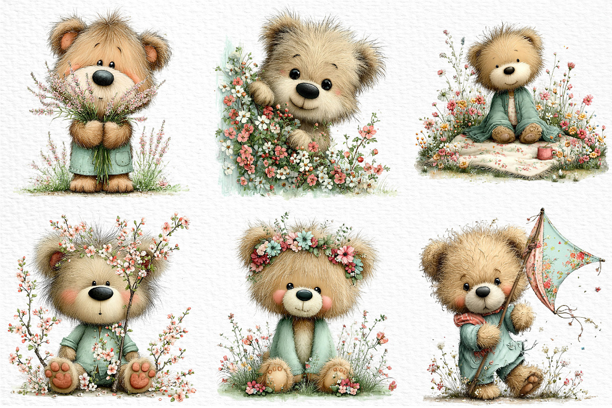 Whimsical Spring Teddy Bear Clipart, an Illustration by Craft Nest (Photo 3 of 11)