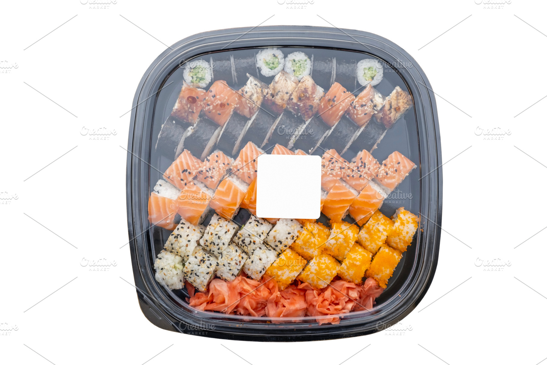 Sushi box with blank label on top, a Food & Drink Photo by BOOCYS