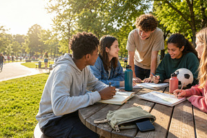 Teenagers studying outdoors around p, a Photo by Dvoevnore photos