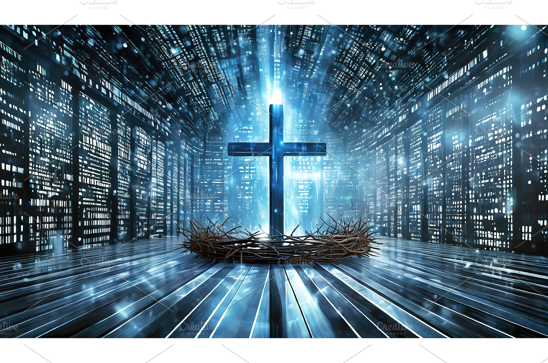 An illuminated cross with a crown of, an Abstract Photo by Igor Tichonow