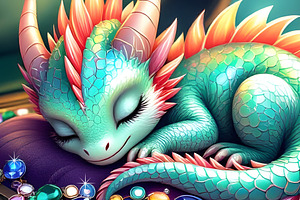 Cute Baby Dragon Sleeping in Jewels, an Animal Illustration by Sharon Schwalbe
