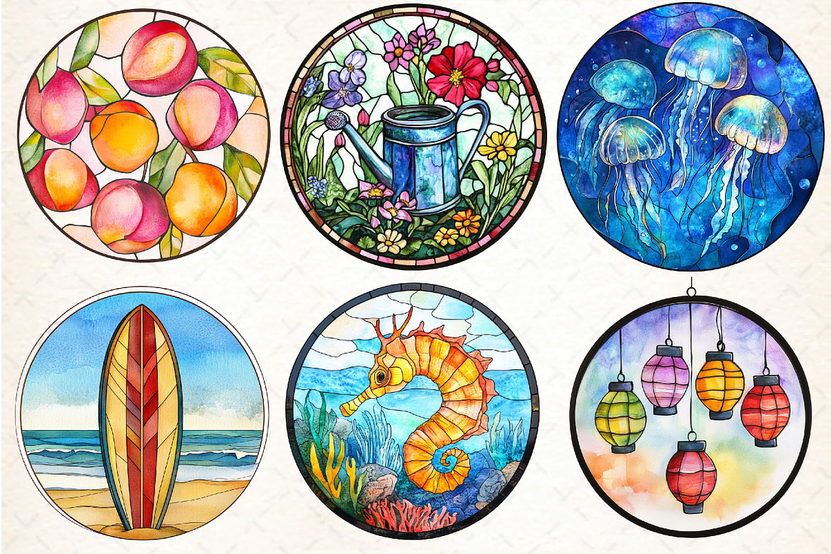 Round Stained Glass Summer Clipart, an Illustration by DreamCafeArt (Photo 2 of 7)