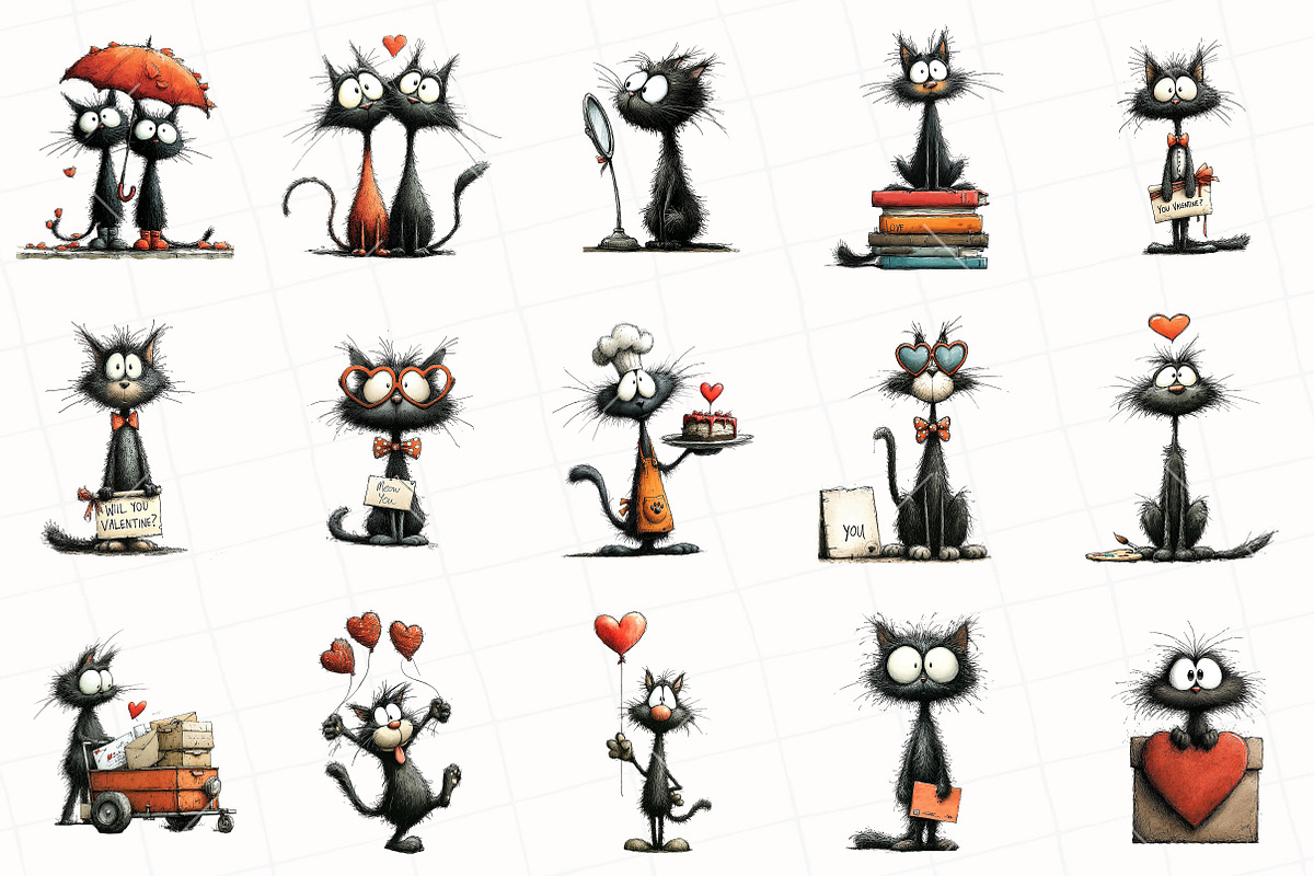 Quirky Valentine Black Cat Clipart, an Illustration by OK Design (Photo 3 of 6)