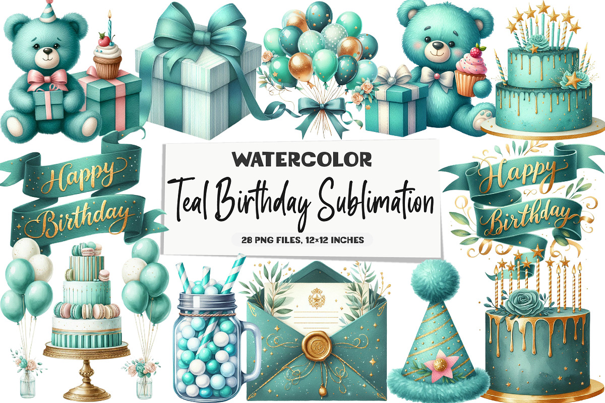 Teal Birthday Sublimation Clipart, an Illustration by DreamArtGraphic (Photo 1 of 6)