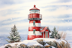 Watercolor Snowy Lighthouse