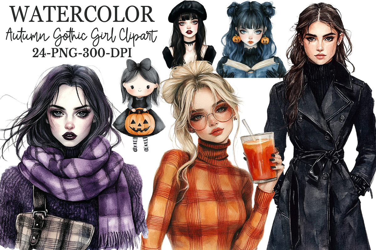 Cute Autumn Gothic Girl Clipart, an Illustration by Rose Art (Photo 1 of 7)