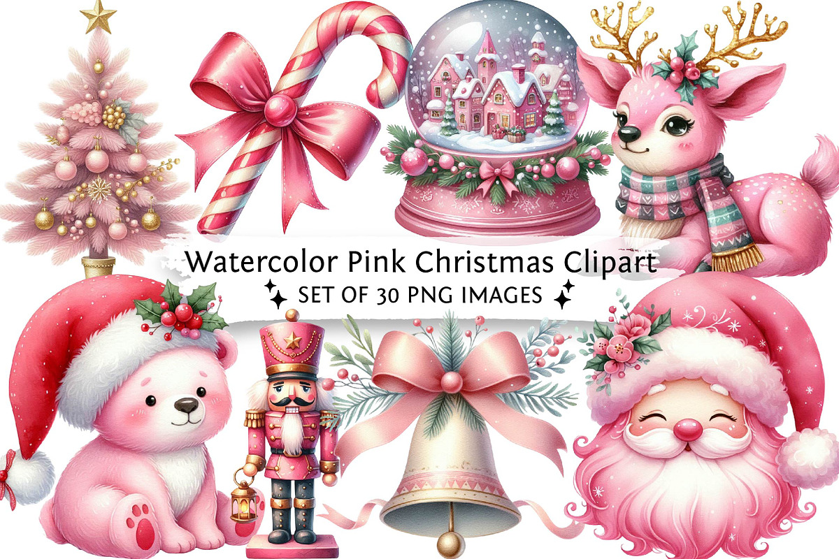 Watercolor Pink Christmas Clipart, an Illustration by DreamPrint404 (Photo 1 of 6)
