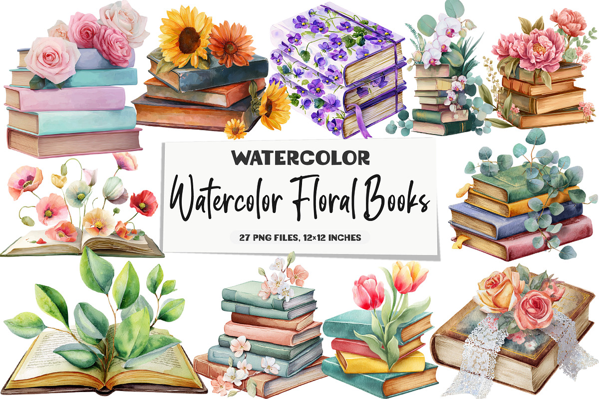 Watercolor Floral Books Clipart, an Illustration by DreamArtGraphic (Photo 1 of 5)