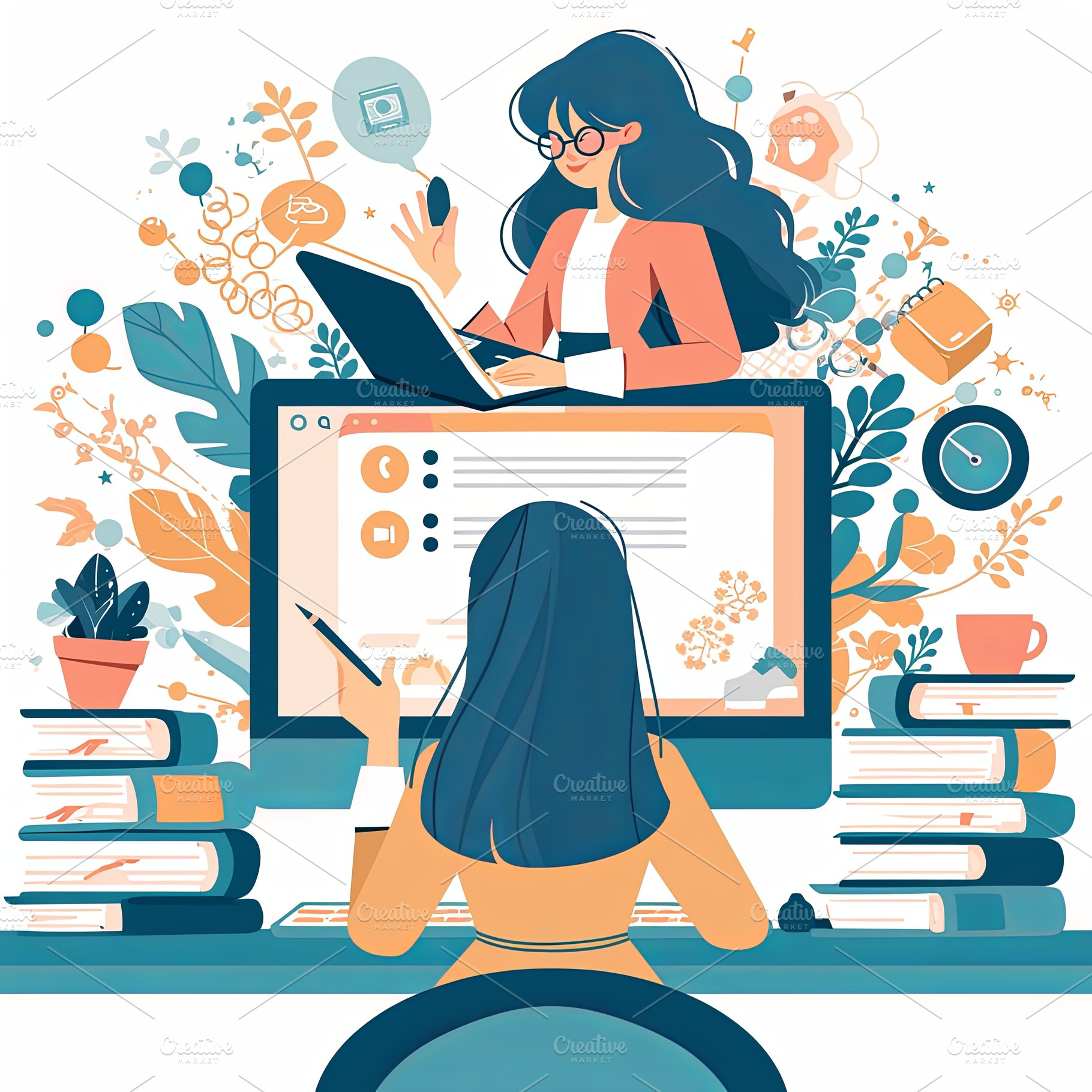 Creative workspace setup with woman engaged in online learning and productivity, a Photo by AS photostudio