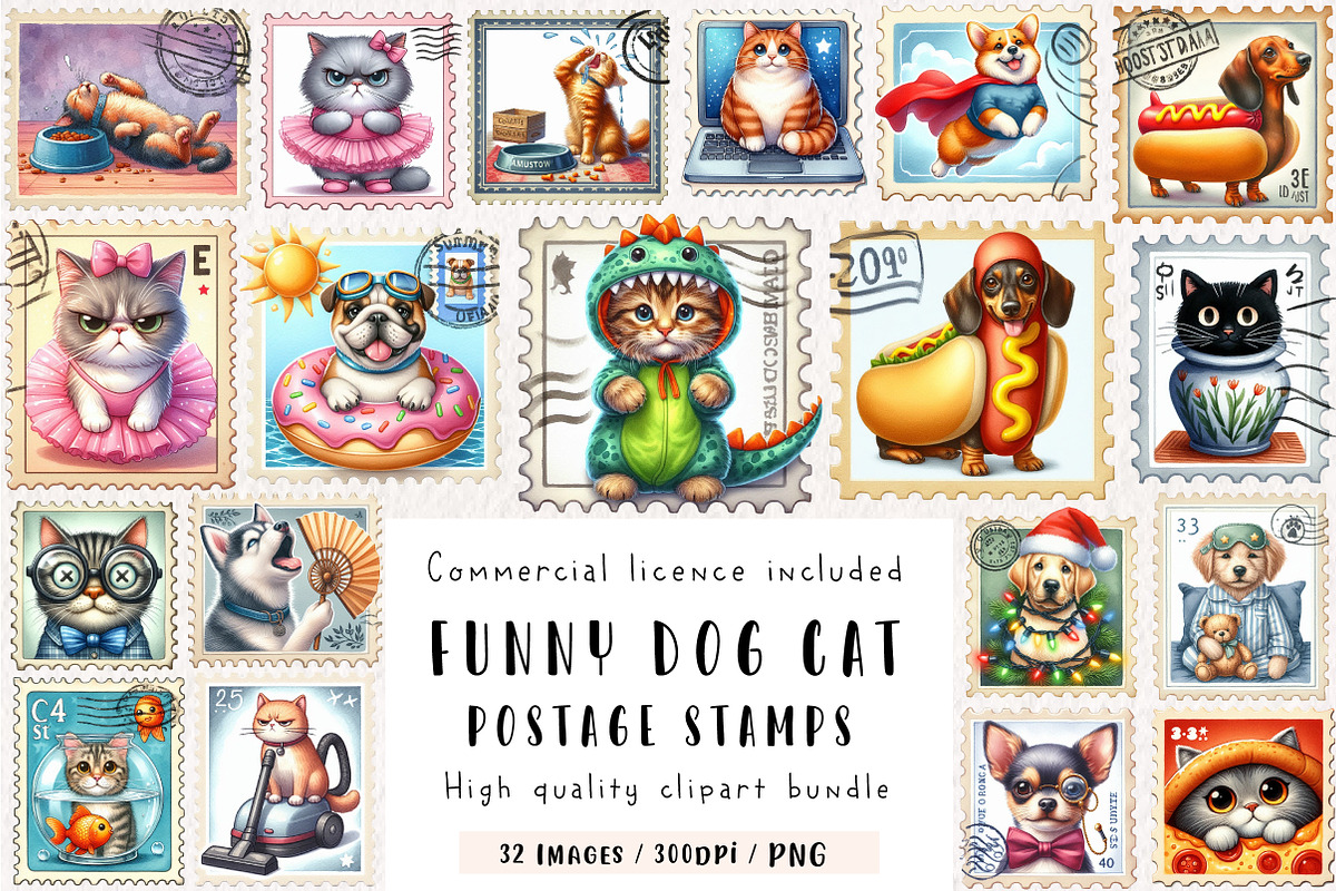 Funny Dog and Cat Postage Stamps, an Illustration by CreationArt (Photo 1 of 5)