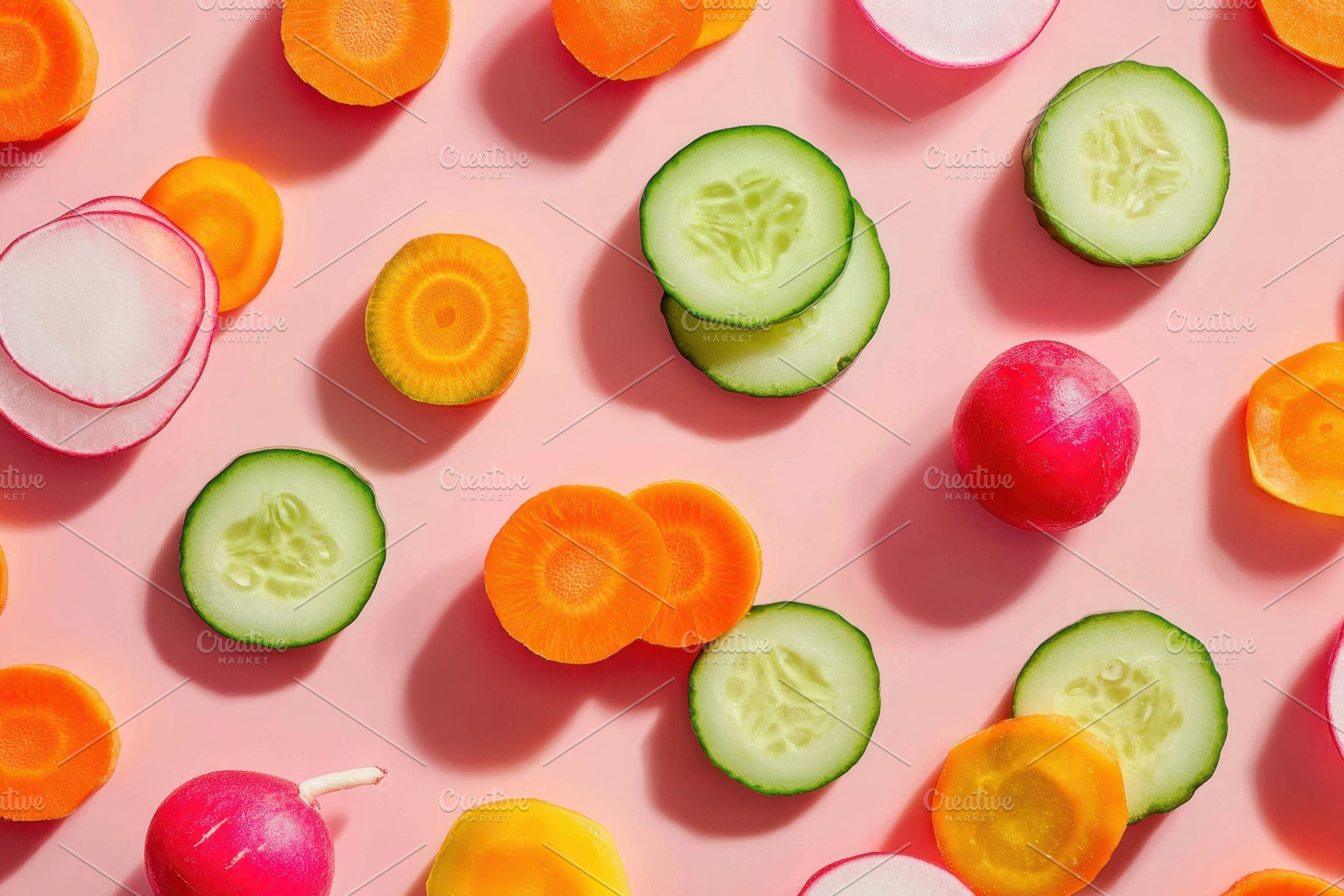 Colorful Sliced Vegetables on Pink Background, a Food & Drink Photo by AlyaAnd