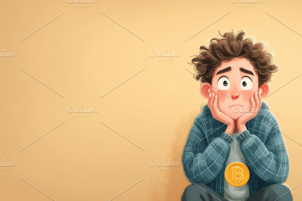 Worried man depicted in cartoon style with a visible Bitcoin symbol, an Illustration by AS photostudio