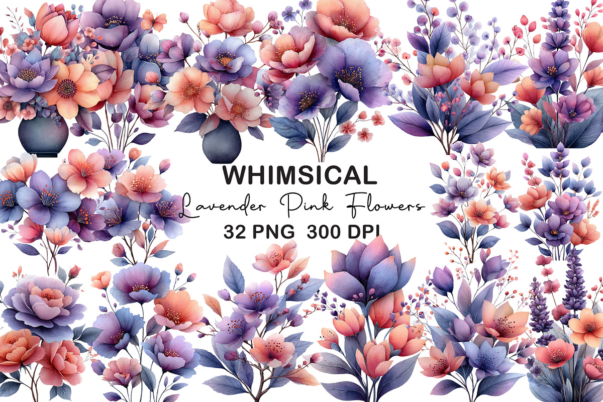 Whimsical Lavender Pink Flowers PNG, an Illustration by CraftArtStudio (Photo 1 of 6)