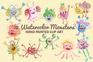 Watercolor Monsters Clip Art
