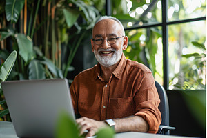 Mature Indian man with laptop at, a Business Photo by Lermont51