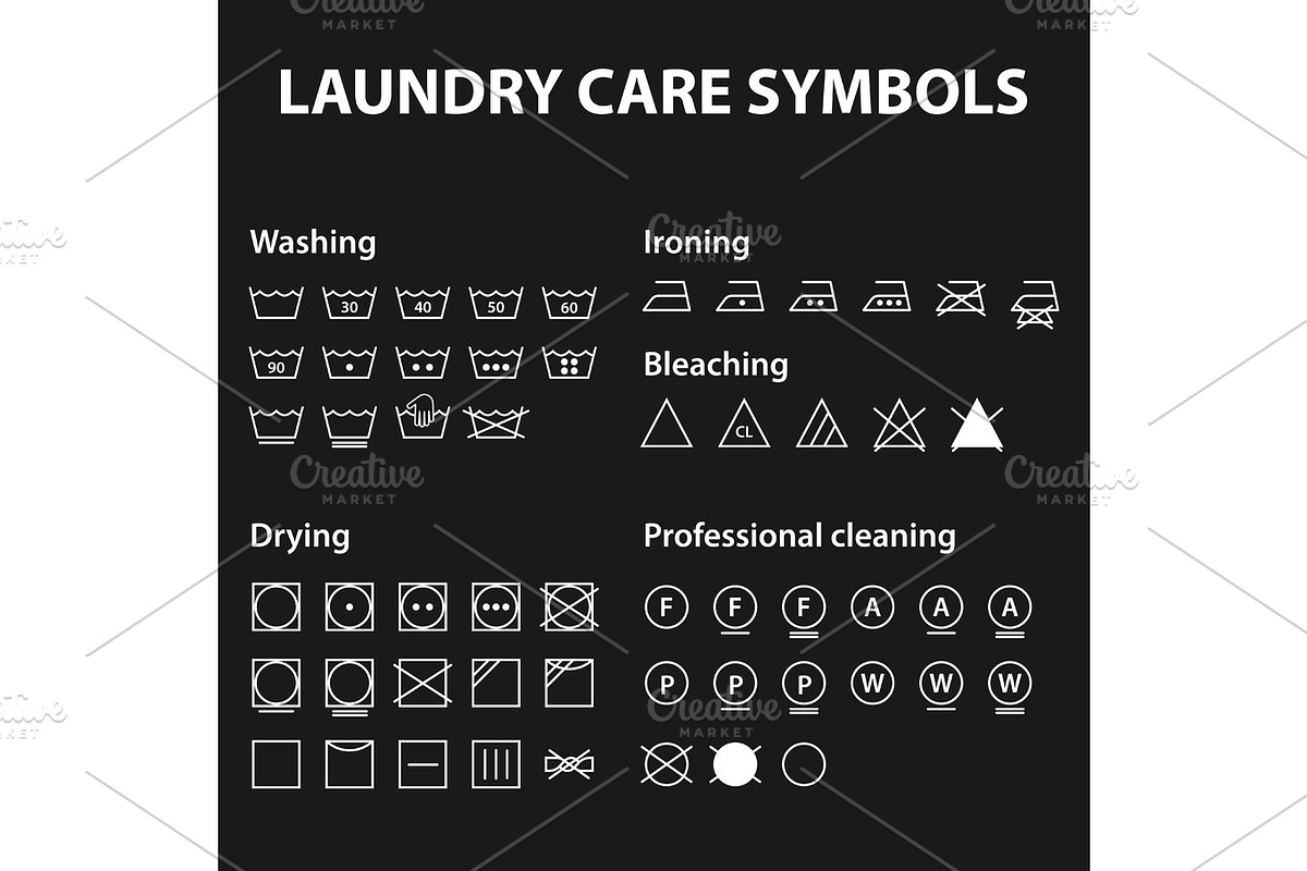 Icon set of laundry symbols. Washing instruction symbols. Cloth, Textile Care signs collection, an Illustration by Vector Shop