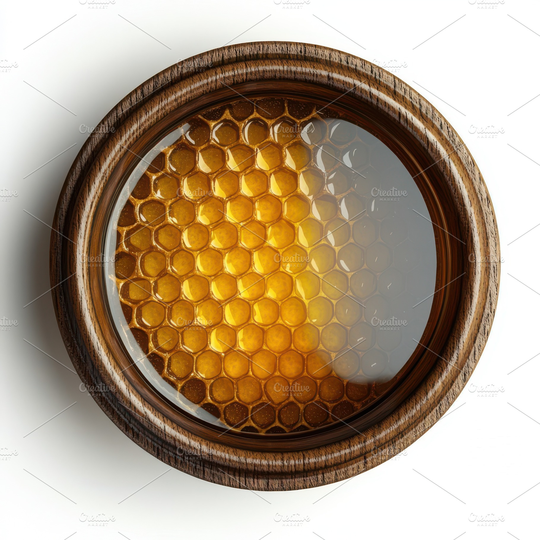 Top view of Honey jar with honeycomb, a Food & Drink Photo by Pixeness Studio