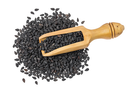 black sesame seeds in wooden scoop, a Food & Drink Photo by NataPhoto