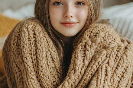 A young woman wrapped in a cozy, chunky knit blanket, smiling softly at the cam, a Person Photo by Textures & Backgrounds