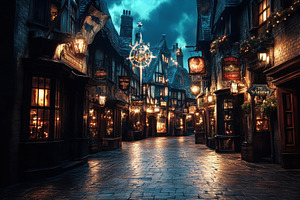 Diagon Alley in a wizard town, with, a Photo by Pavel_design
