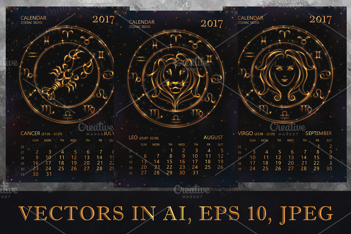 SET / 2017 CALENDAR / golden ZODIACS, an Animal Illustration by Nadin_Lebedeva (Photo 3 of 9)