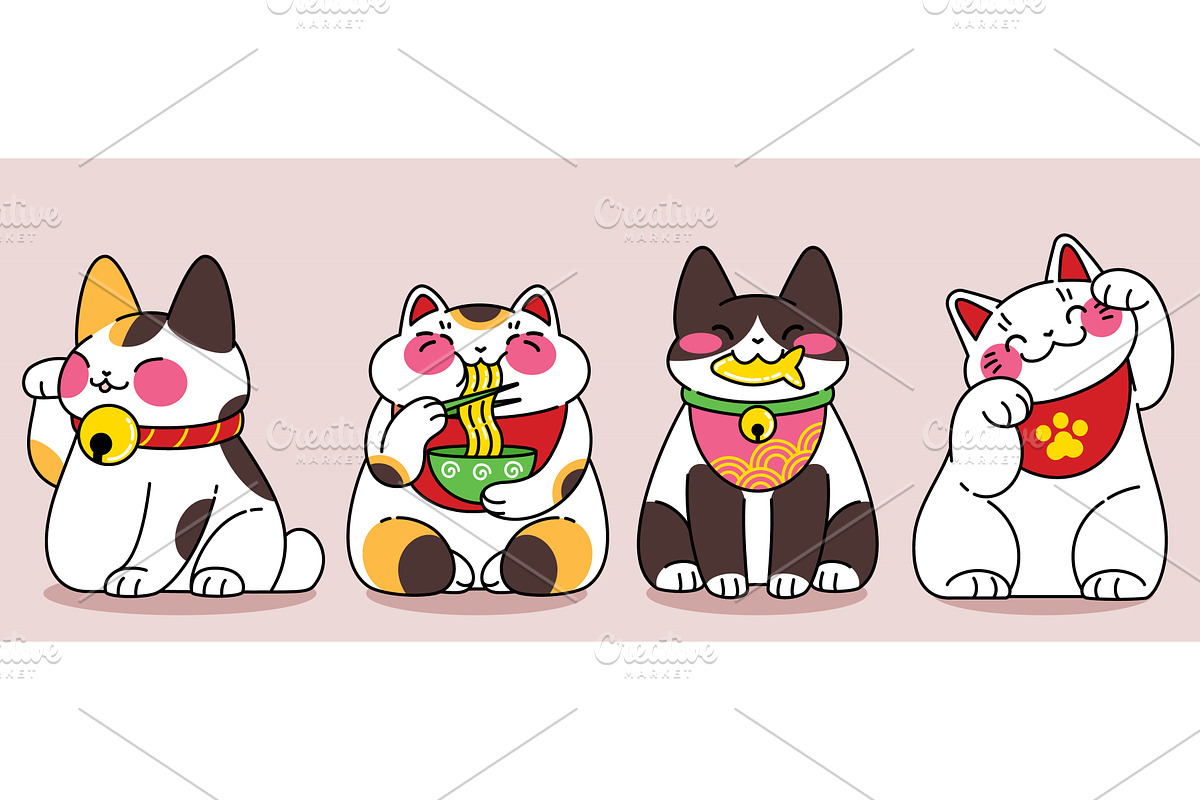 Japanese lucky cat set with maneki, an Animal Illustration by art PVP - market