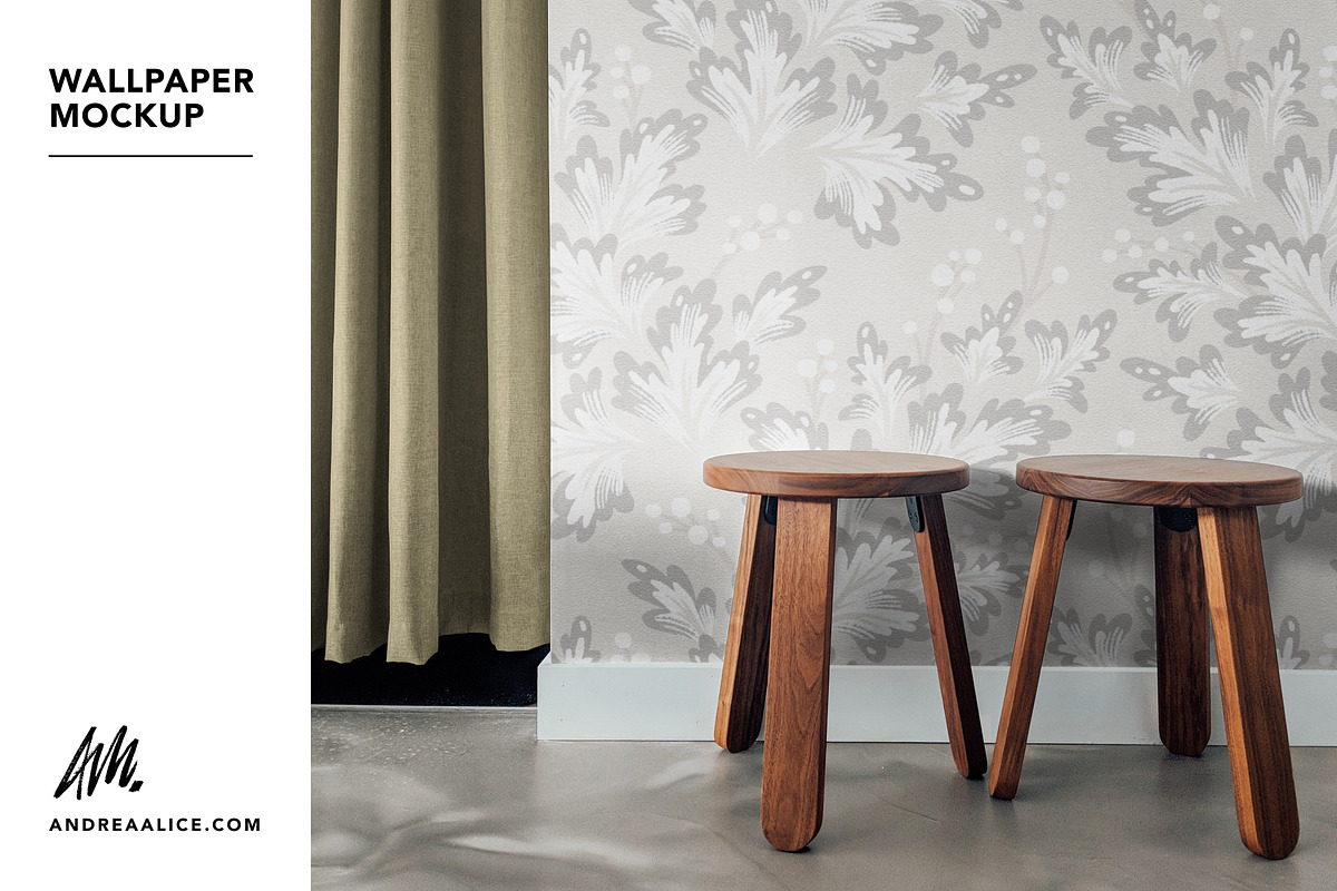 Wallpaper Mockup with wooden stools, a Household Mockup by Andrea Muller (Photo 1 of 6)