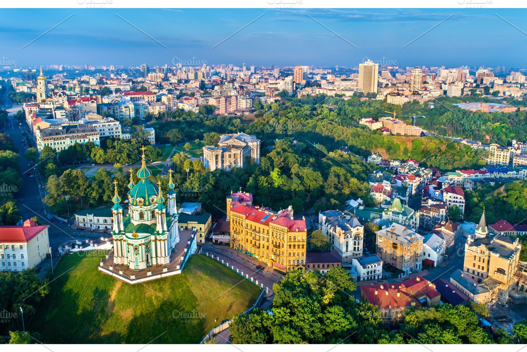 Aerial view of saint andrew church and andriyivskyy descent cityscape of, an Architecture Photo by Leonid Andronov