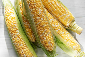 Fresh sweet corn cobs on white wood background, a Food & Drink Photo by Olena Rudo