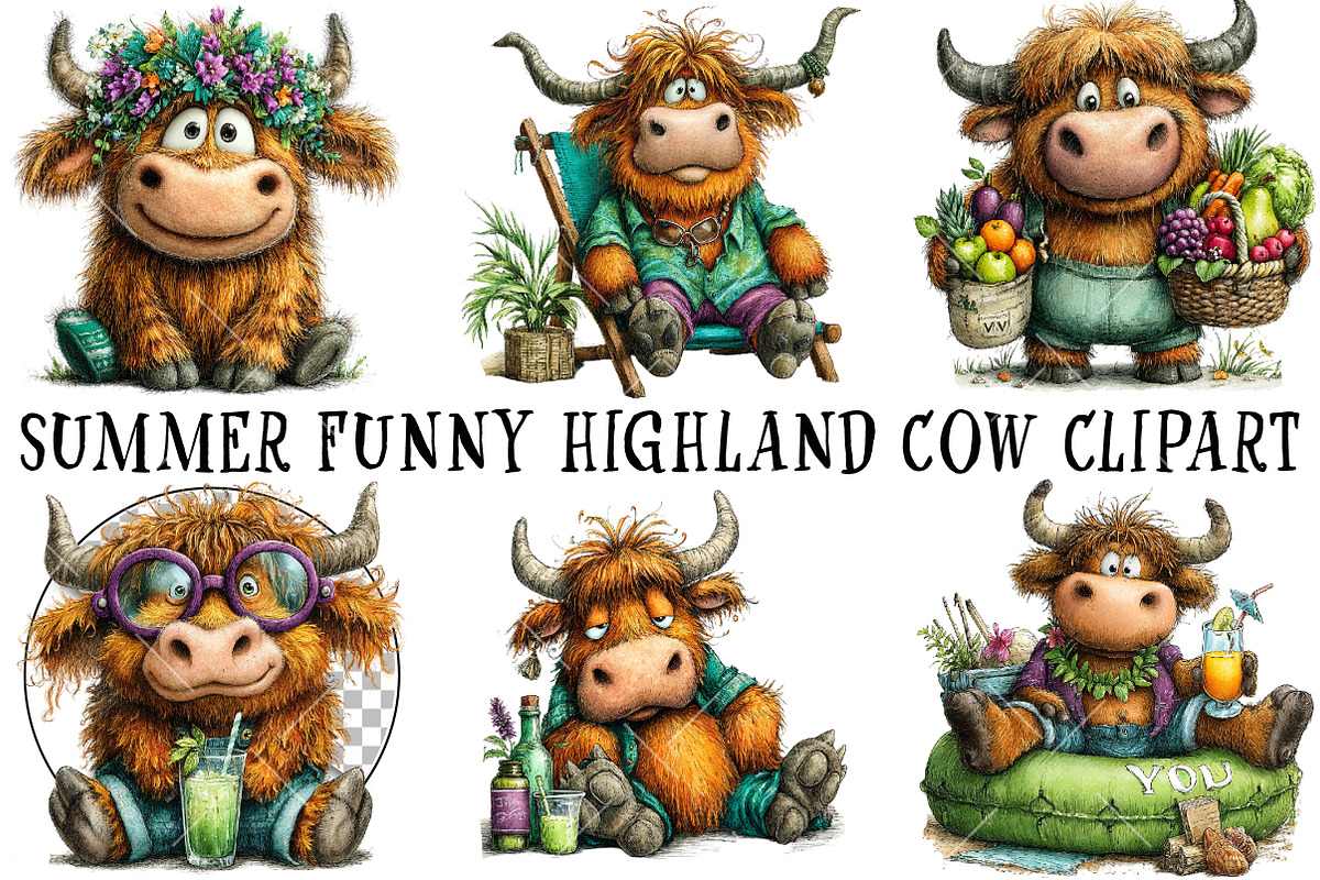 Summer Funny Highland Cow Clipart, an Illustration by OK Design (Photo 2 of 6)