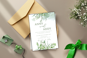 Green Leafy Wedding Invitation Card.