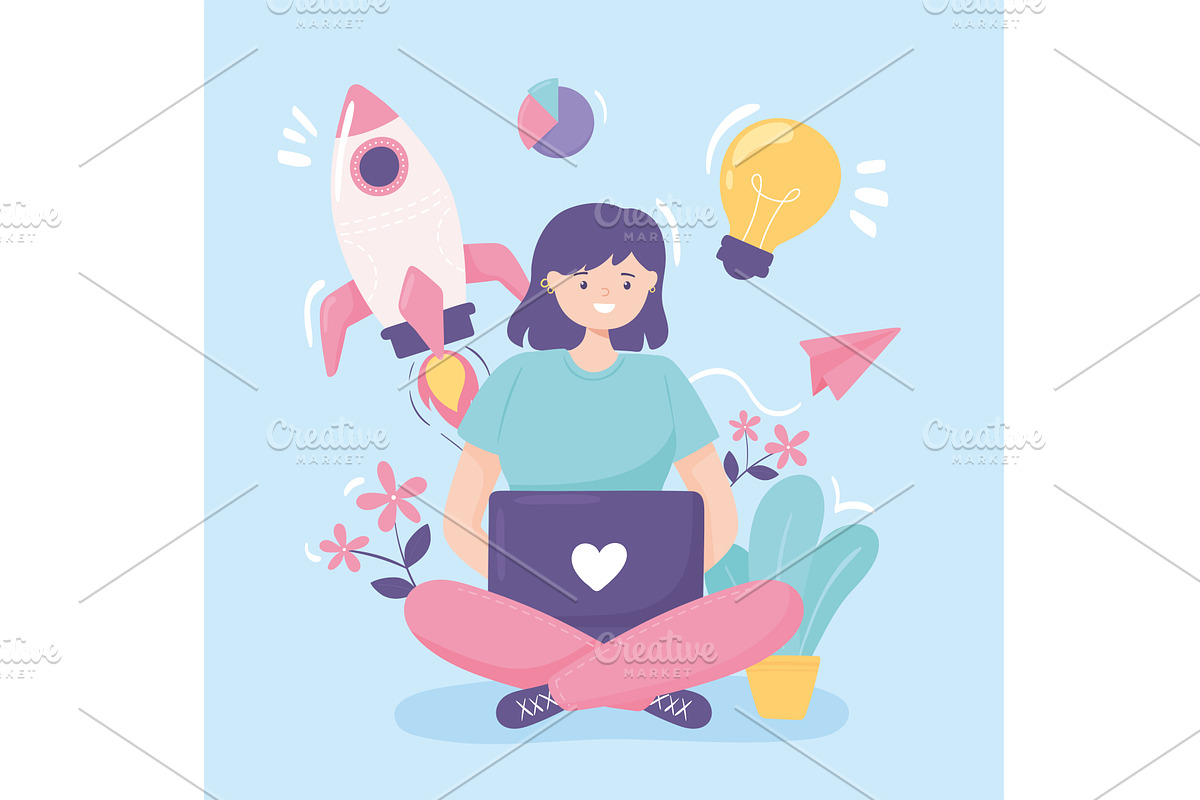 girl using laptop, a Person Illustration by studiogstock