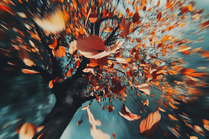 A dynamic view of a tree with vibrant autumn leaves swirling in the air, creati, a Photo by Textures & Backgrounds