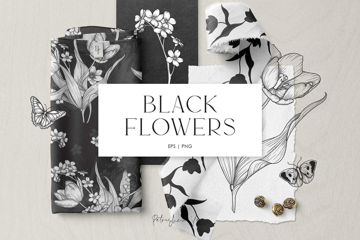 Black Flowers. Vector Set, an Illustration by PatrushevaYana (Photo 8 of 8)