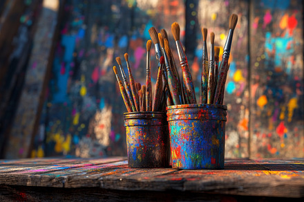 Paintbrushes in Artistic Studio with Colorful Splattered Backgro, an Abstract Photo by Natalia Klenova's Shop