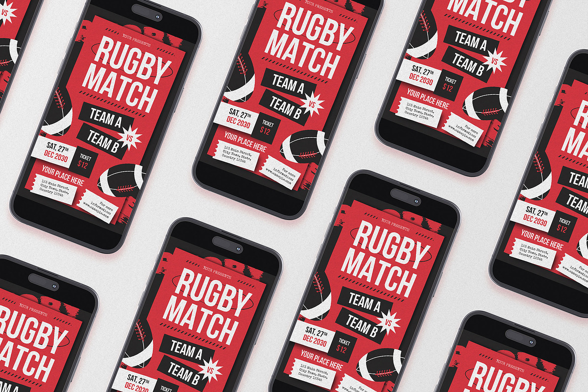 Red Grunge Rugby Match Flyer Set, a Flyer Template by Aiyari Graphic