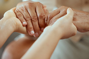 Elderly care, help support and people holding hands for senior care, trust and consulting patient. Pension healthcare, retirement and caregiver nurse volunteer at nursing home for community charity, a Photo by Peopleimages.com