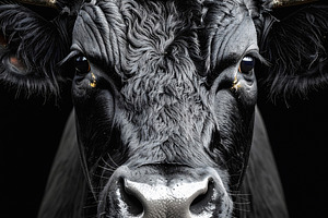 Intense gaze of a powerful black bull with horns, an Animal Photo by GoodGoods