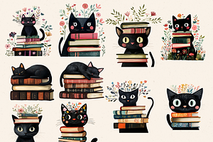 BLACK CAT BOOK LOVER CLIPART BUNDLE