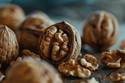 Closeup view of cracked walnuts on a, a Photo by Iftikhar Alam