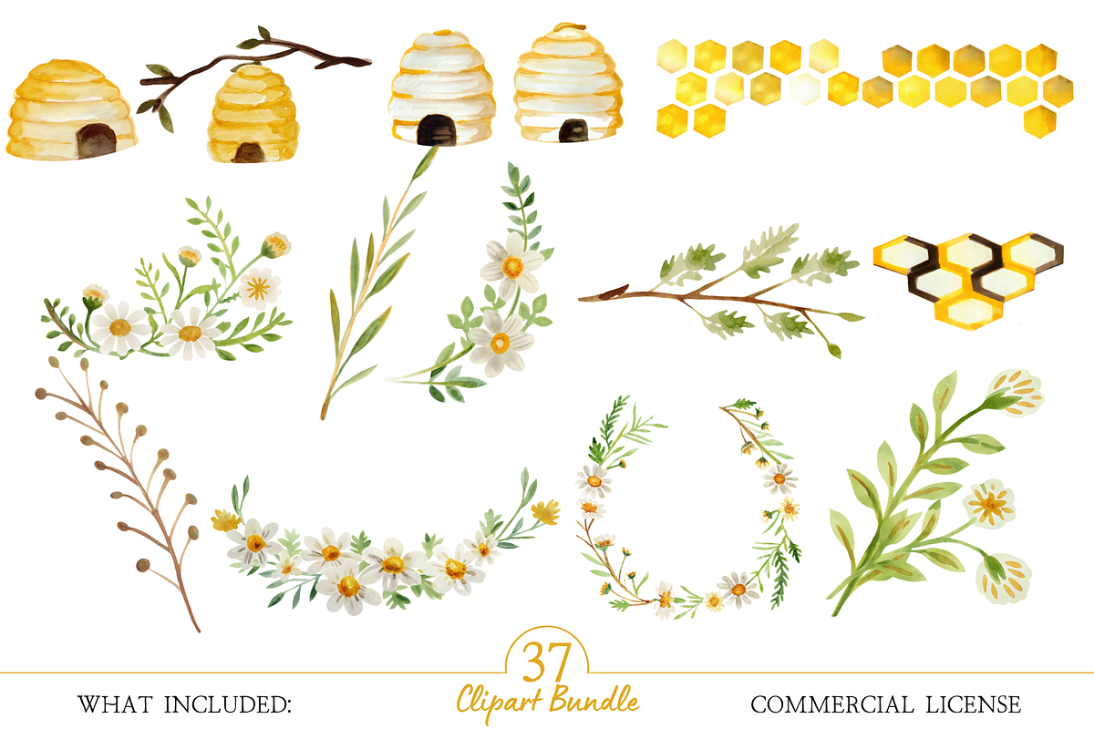 Watercolor Floral Bee Clipart, an Illustration by MockupWizard (Photo 3 of 5)