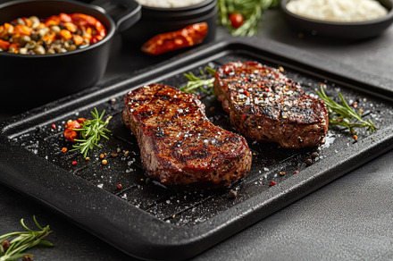 Juicy warm steak served on a black s, a Photo by Iftikhar Alam
