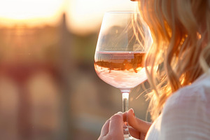 Woman with wine, sunset backdrop, a Food & Drink Photo by Mashimara