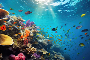 Underwater scene with colorful coral reef and various tropical f, a Photo by Dvoevnore photos