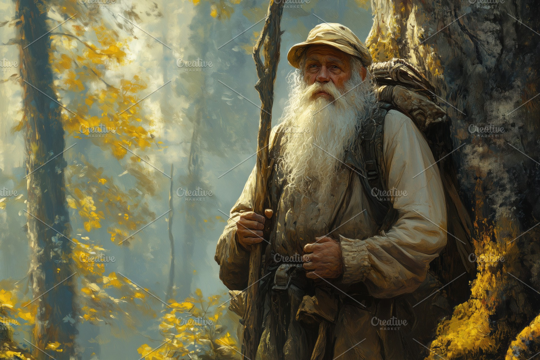 An elderly forester man with a long white beard stands in a forest, wearing a h, a Person Photo by Textures & Backgrounds