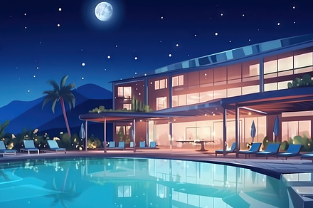 Illustration of a modern house with swimming pool and palm trees, a Holiday Photo by AS photostudio